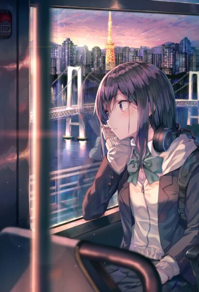 hình nền anime buồn một mình đẹp nhất trên xe bus