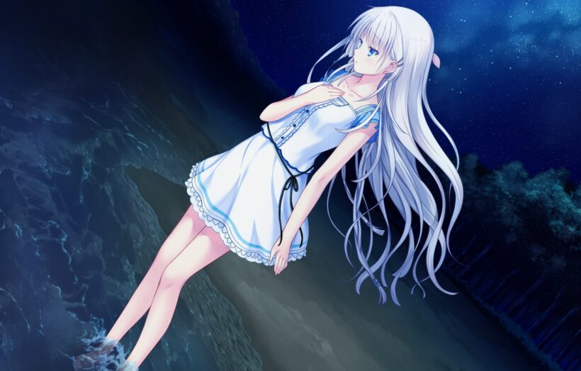 Anime nữ tóc trắng lạnh lùng đứng ở biển