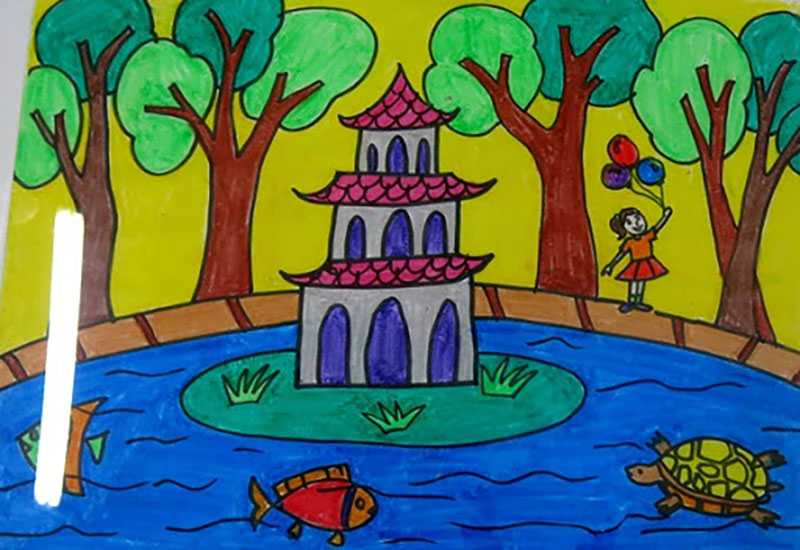 Vẽ tranh Hà Nội trong em đơn giản - tranh vẽ tháp rùa