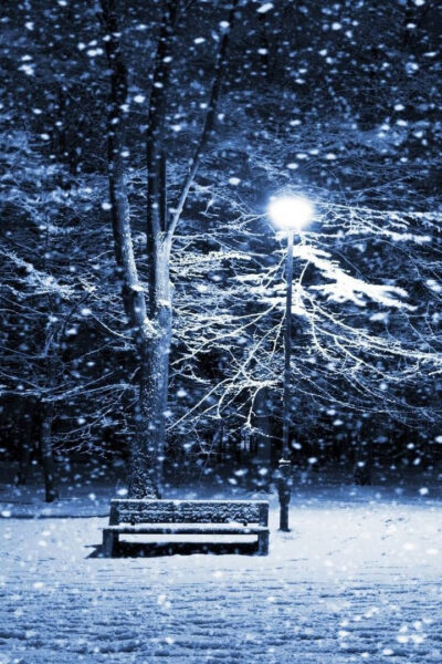 Hình ảnh tuyết rơi lẻ loi một chiếc ghế gỗ