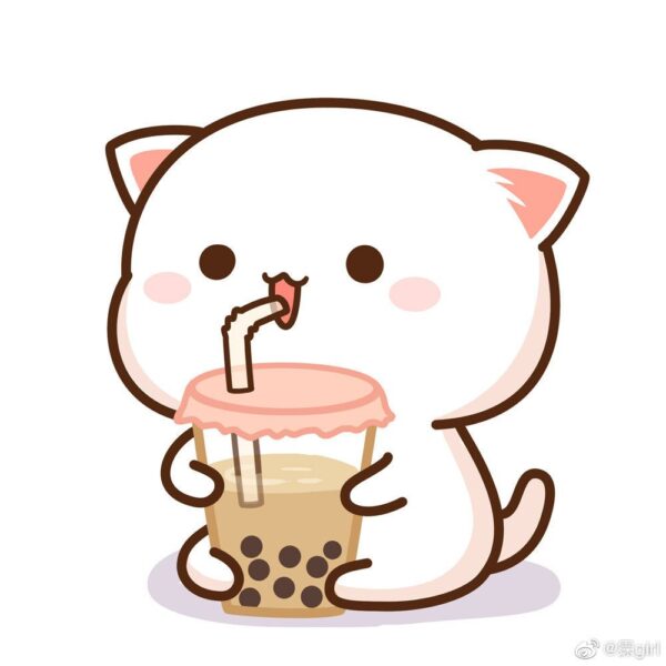 hình vẽ bé mèo cute đáng yêu đang uống trà sữa