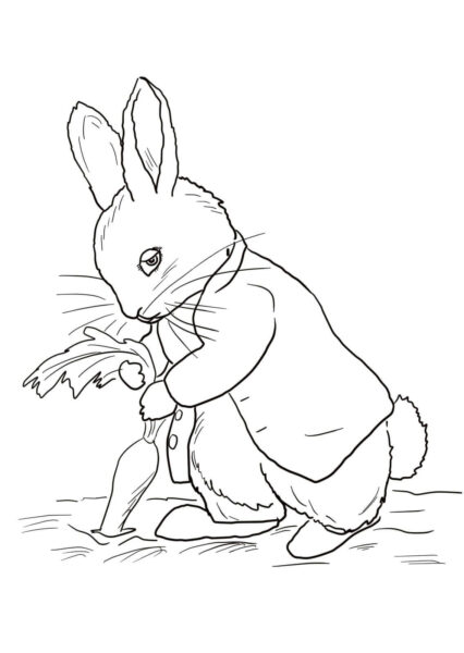 Hình vẽ chưa tô màu con thỏ đang nhổ củ cà rốt