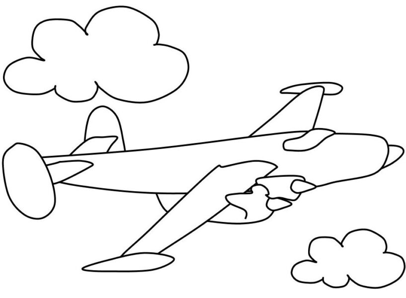 Hình vẽ chưa tô màu máy bay và những đám mây