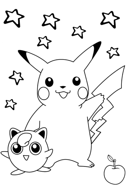 Hình vẽ chưa tô màu pikachu cùng một pokemon khác và những ngôi sao