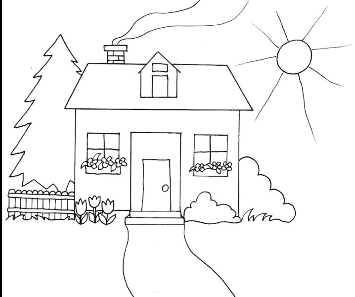 Mẫu tranh phong cảnh ngôi nhà ống khói và mặt trời