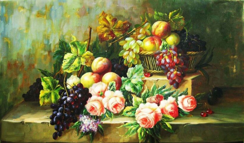 tranh sơn dầu mùa xuân với hoa quả