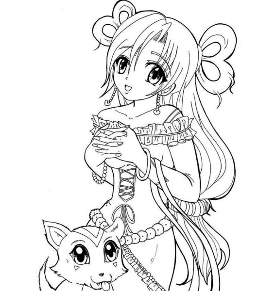 Tranh tô màu anime hình công chúa xinh đẹp và chú chó