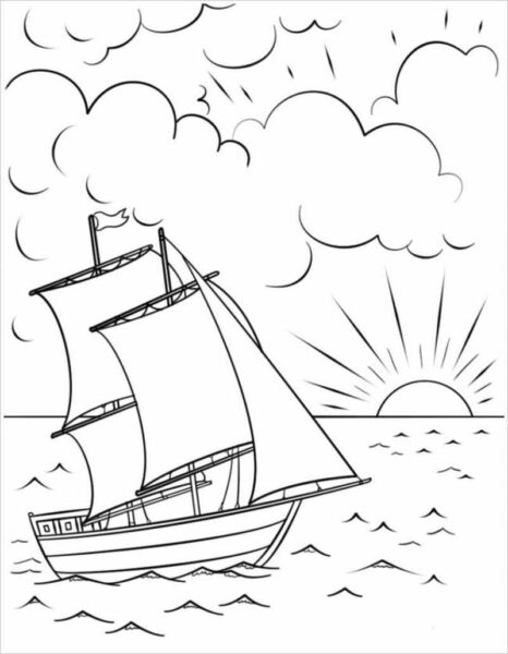 Tranh tô màu cảnh biển hình ảnh thuyền buồm, mặ trời và đám mây
