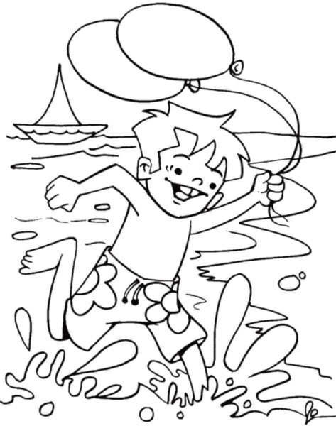 Tranh tô màu cảnh biển hình em bé chạy đùa trên bãi biển