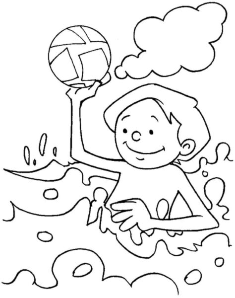 Tranh tô màu cảnh biển hình em bé đang chơi bóng dưới nước