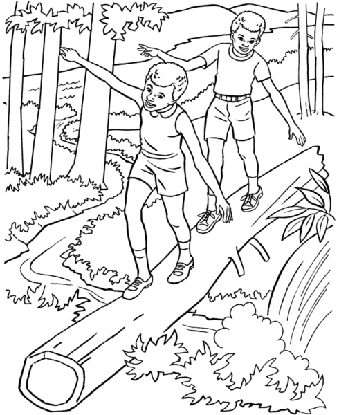 Tranh tô màu cho bé gái 7 tuổi hình hai cậu bs đang đi trên cây bắc ngang suối
