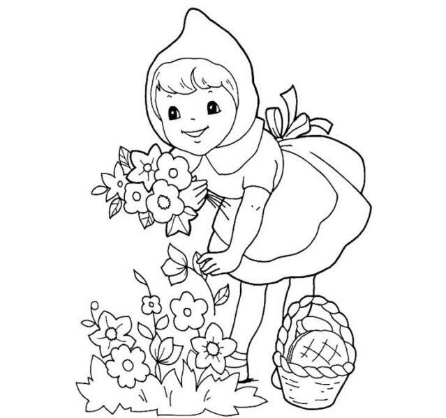 tranh tô màu cô bé gái hái hoa cho bé 5-7 tuổi