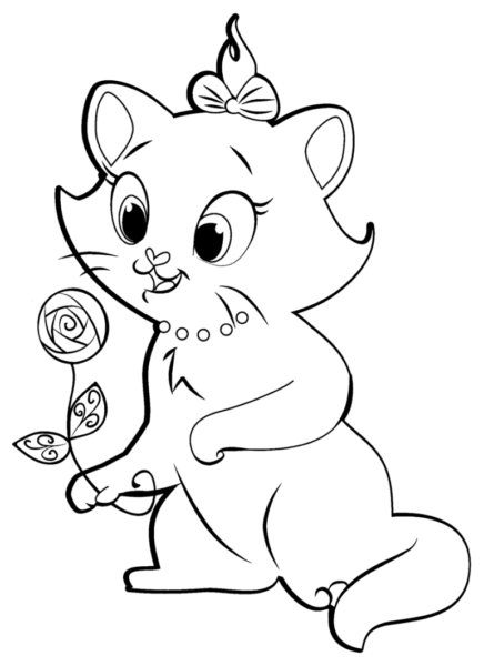 Tranh tô màu con mèo đang cầm cành hoa