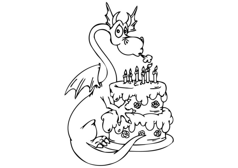 Tranh tô màu con rồng phun lửa và chiếc bánh sinh nhật