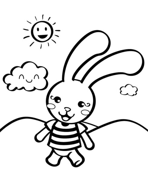 Tranh tô màu con thỏ, đám mây và ông mặt trời