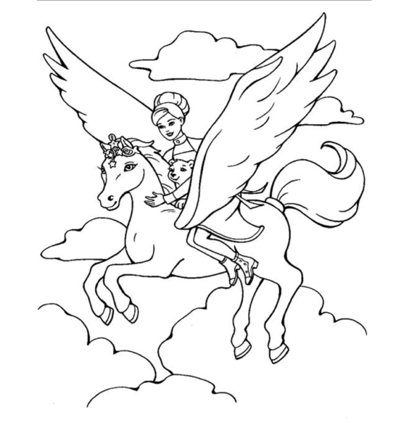 Tranh tô màu công chúa barbie cưỡi ngựa bay