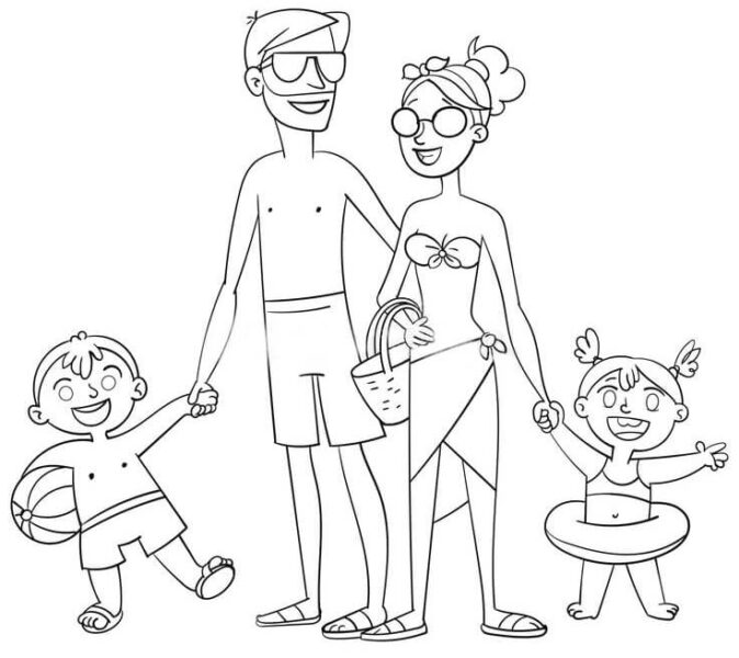 tranh tô màu gia đình hạnh phúc đi tắm biển