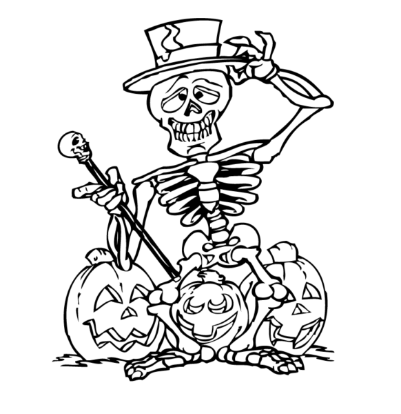 Tranh tô màu halloween hình bộ xương người và những quả bí ngô ma