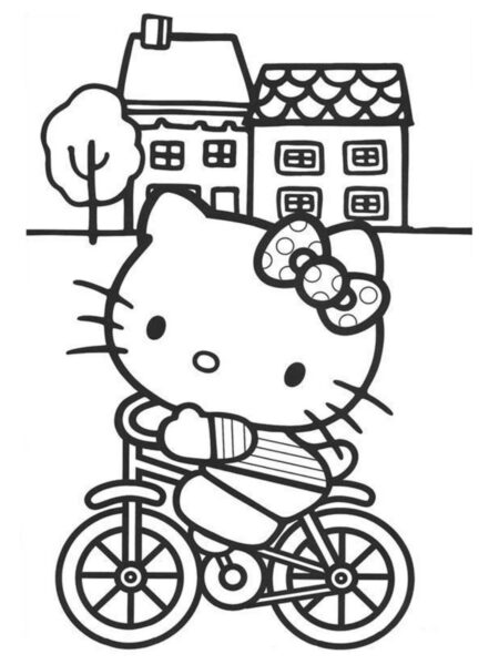Tranh tô màu hello kitty đi xe đạp