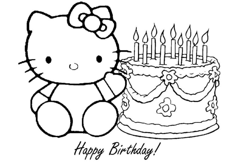 Tranh tô màu hello kitty và chiếc bánh sinh nhật