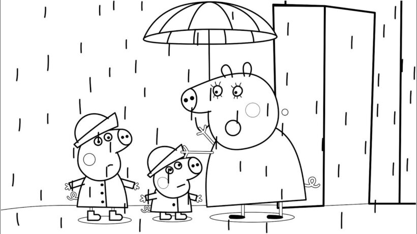 Tranh tô màu heo peppa hình ba mẹ con heo đi dưới mưa