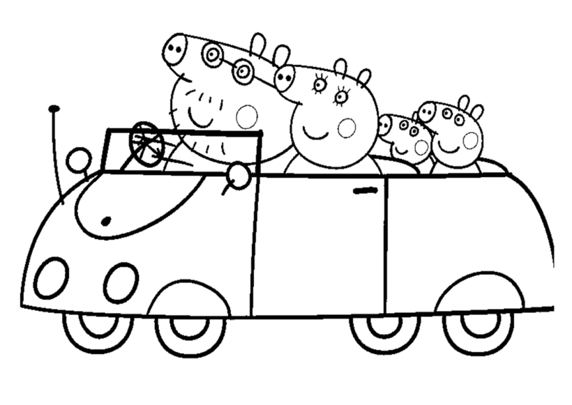 Tranh tô màu heo peppa hình gia đình heo ngồi trên ô tô