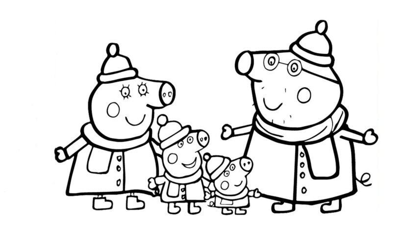 Tranh tô màu heo peppa hình gia đình heo với những chiếc mũ xinh