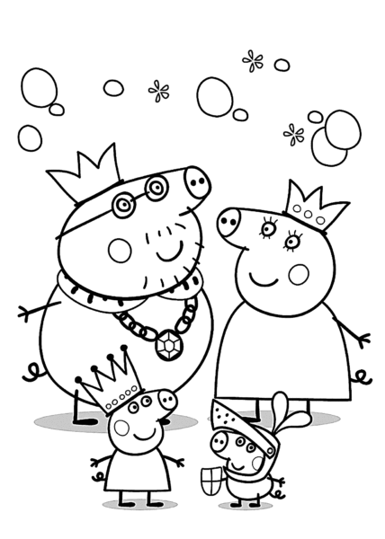 Tranh tô màu heo peppa hình gia đình nhà heo xinh đẹp với những chiếc vương miện