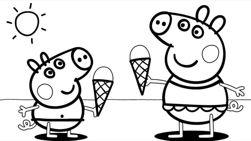 Tranh tô màu heo peppa hình hai bố con đang ăn kem