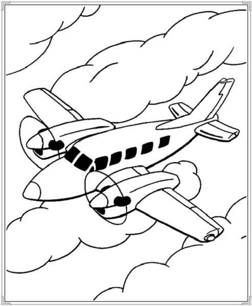 Tranh tô màu máy bay đang bay qua những đám mây