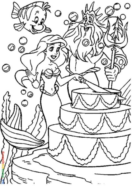 Tranh tô màu nàng tiên cá đang cắt bánh sinh nhật