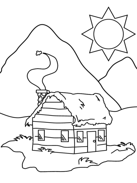 Tranh tô màu ngôi nhà và ống khói ở chân núi