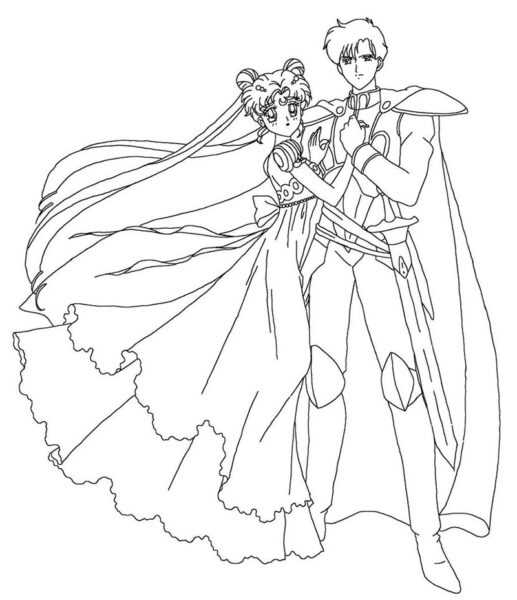 Tranh tô màu thuỷ thủ mặt trăng hình nữ chiến binh bên cạnh hoàng tử