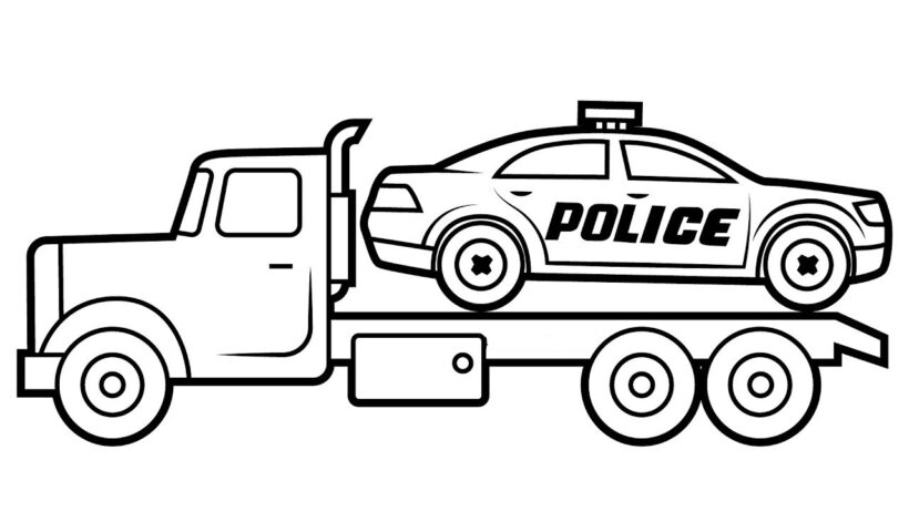 Tranh tô màu xe cảnh sát đứng trên xe kéo