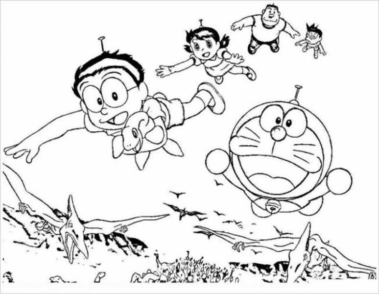 Tranh vẽ chưa tô màu nobita và những người bạn thân đang bay