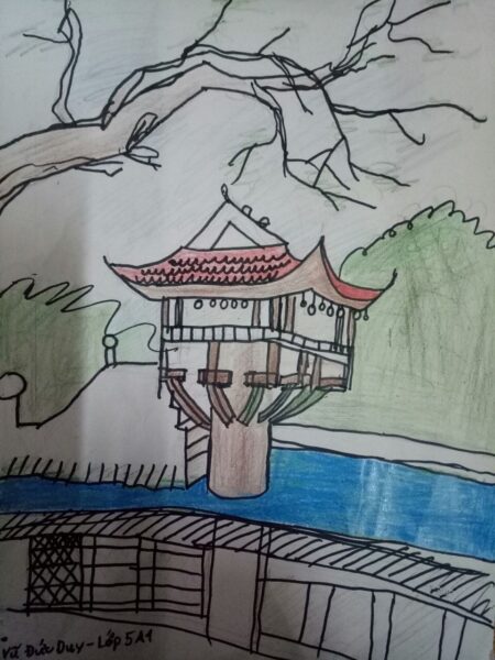 vẽ tranh hà nội trong em về chùa một cột vẽ chì của học sinh