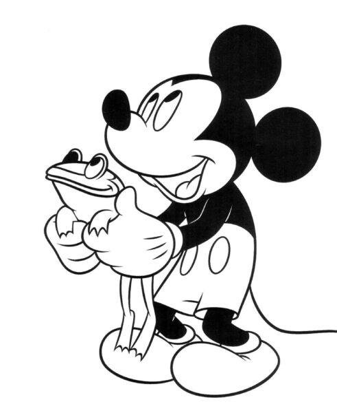 Hình ảnh tập tô chuột Mickey cầm con ếch