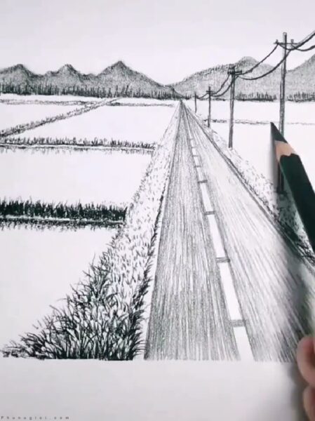 hình tranh ảnh vẽ bút chì phong cảnh Nhật Bản