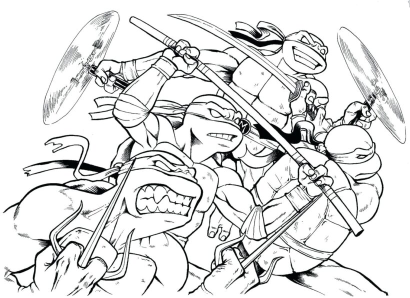 Hình vẽ 4 anh em Ninja rùa cùng xông lên chiến đấu