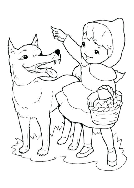 Hình vẽ cô bé quàng khăn đỏ nói chuyện với con sói