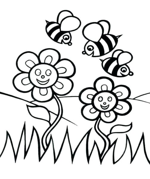 Hình vẽ con ong và những bông hoa xinh
