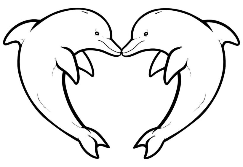 Hình vẽ hai con cá heo chụm miệng vào nhau uốn cong người tạo thành hình trái tim