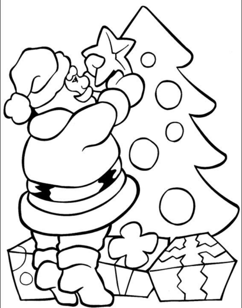 Hình vẽ ông già Noel đang trang trí cho cây thông
