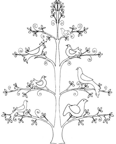 Hình vẽ tập tô những chú chim đậu trên cành cây xanh
