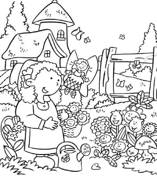 Mẫu tranh tô màu vườn hoa cho bé tập tô