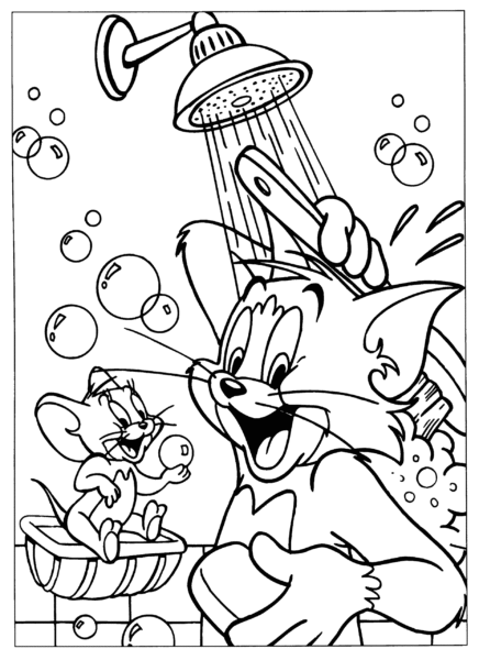 Tranh tô màu cho bé hình Tom và Jerry đang tắm