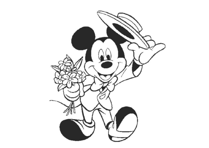 Tranh tô màu chuột Mickey cầm bó hoa và chào mọi người