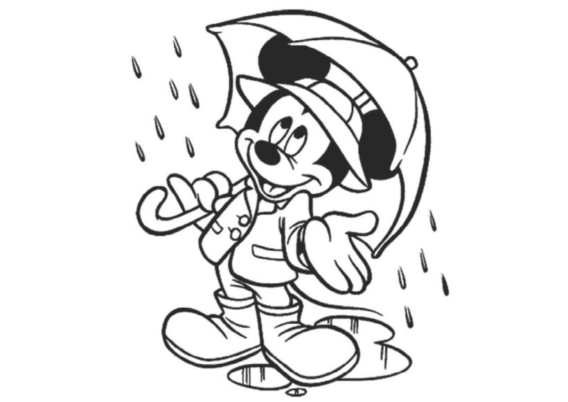 Tranh tô màu chuột Mickey cầm ô che mưa