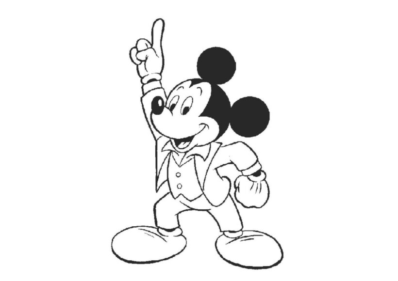 Tranh tô màu chuột Mickey chỏ tay lên cao