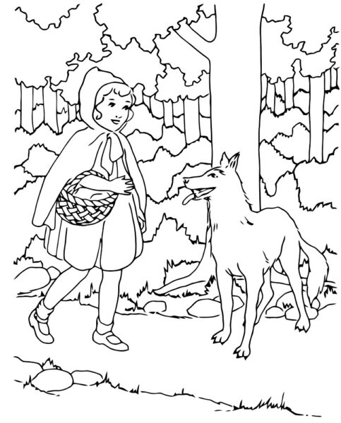 Tranh tô màu cô bé quàng khăn đỏ gặp con sói trên đường đi thăm bà ngoại